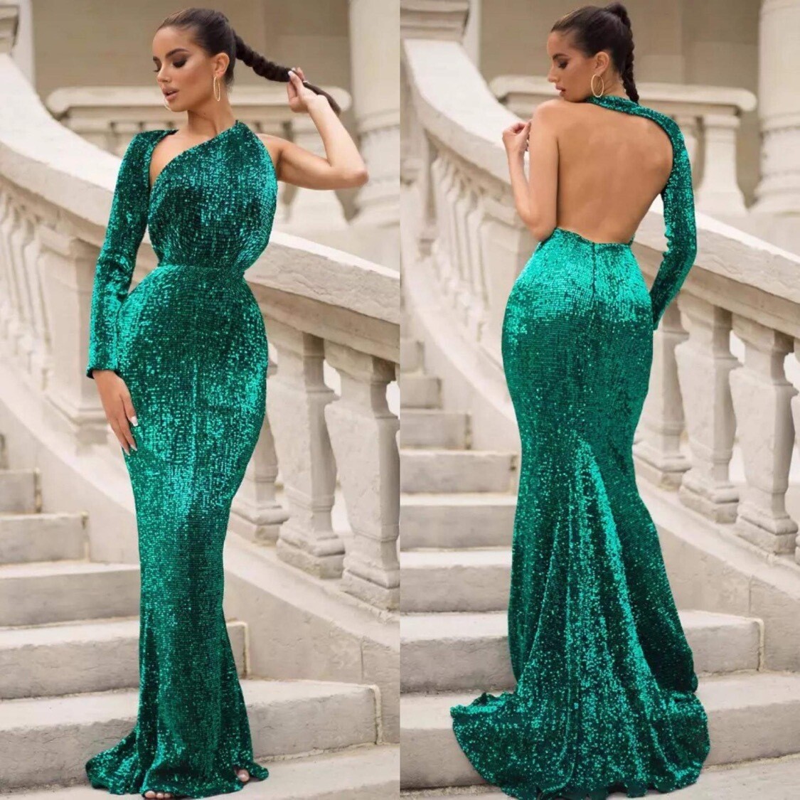 Green One Sleeve Sequin Dress