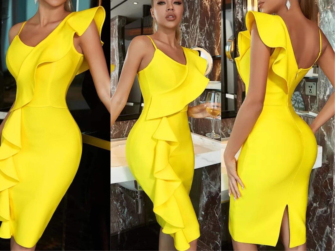 Yellow One Shoulder Ruffle Dress