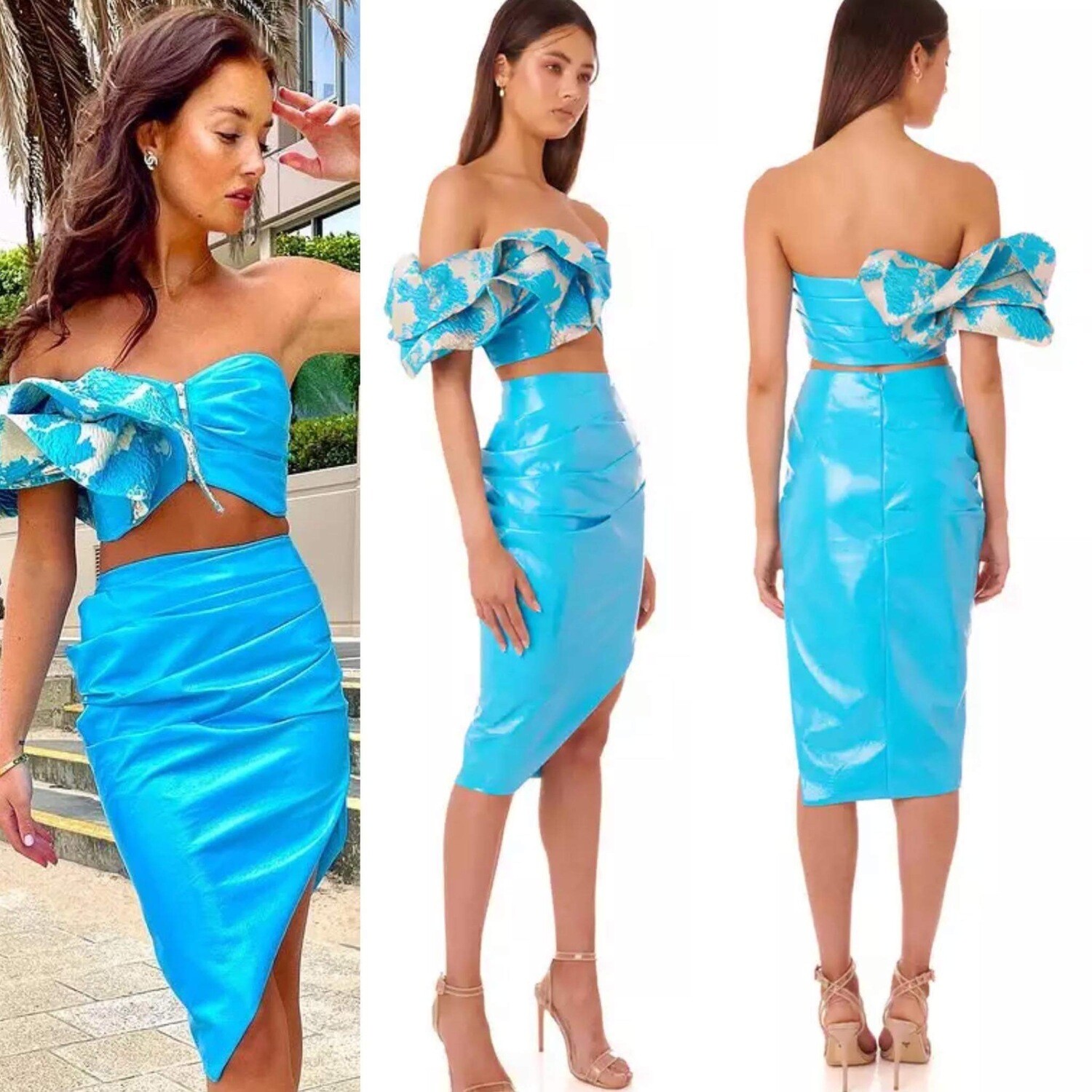 Two Piece One Shoulder Blue and Gold pleather Short Dress