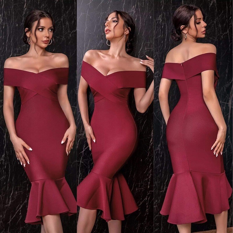 Berry Off The Shoulder Bandage Dress