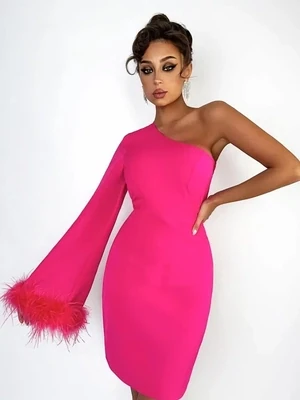 One Shoulder Long Sleeve Feather Dress