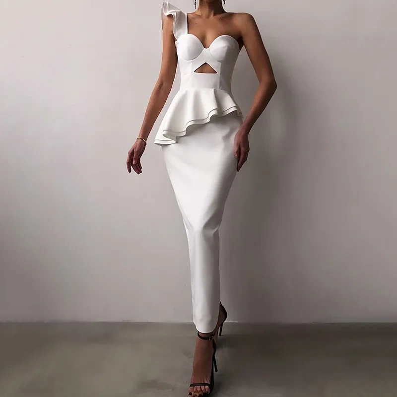 One Shoulder White Cutout Bandage Dress