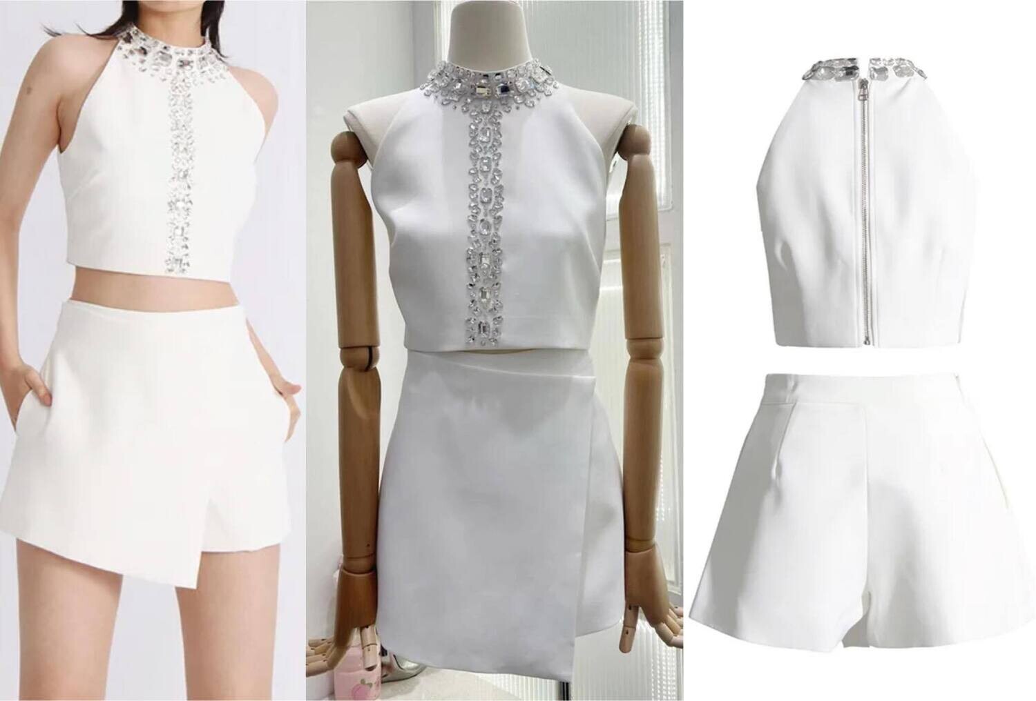 Two Piece White Top and Skirt with Stones