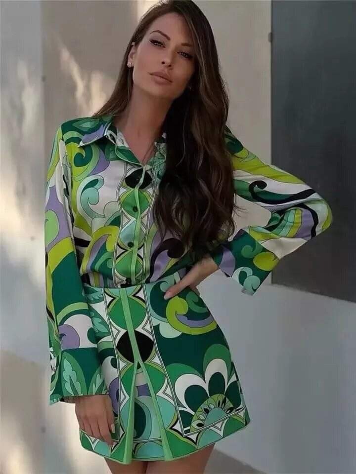 Green print Blouse and Skirt