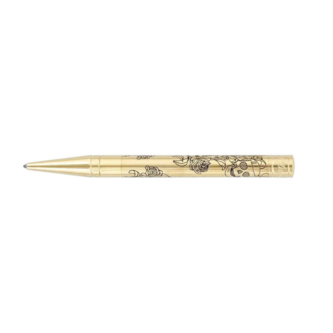 S.T Dupont Black lacquer Skulls &amp; roses &amp; gold D-Initial ballpoint pen