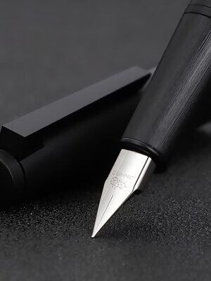 Jinhao 80 Full Black Fiber Brushed Fountain Pen, Iridium Fine Nib with Ink Converter and Pen Plastic Case. Silver nib and Black trimmings