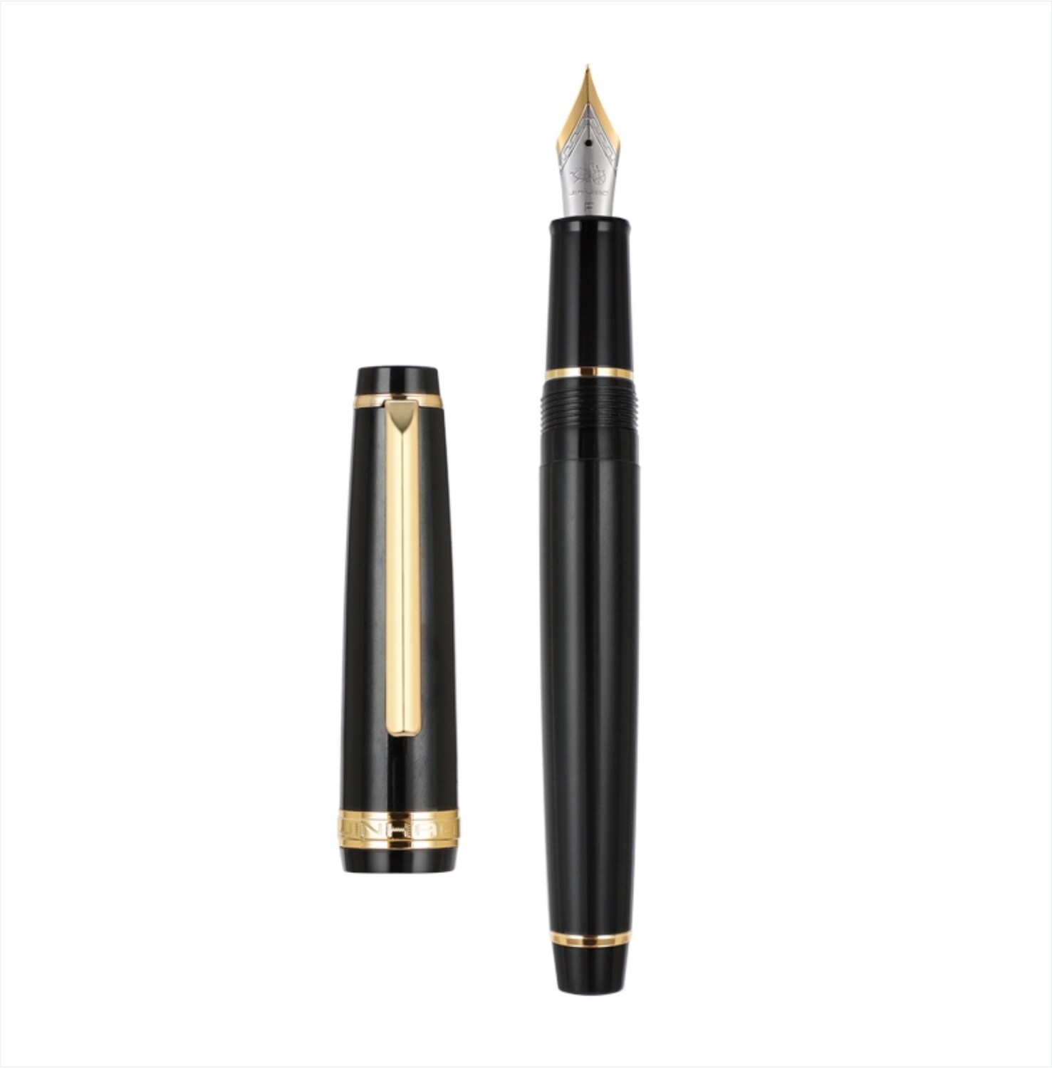 JINHAO 82 Resin Fountain Pen Golden Clip and Trims, Two Tone #5 Iridium nib in option of EF, F, M, Fude with Converter, Plastic Round Screw Type Box., Colour: Black, Nib Size: Extra Fine