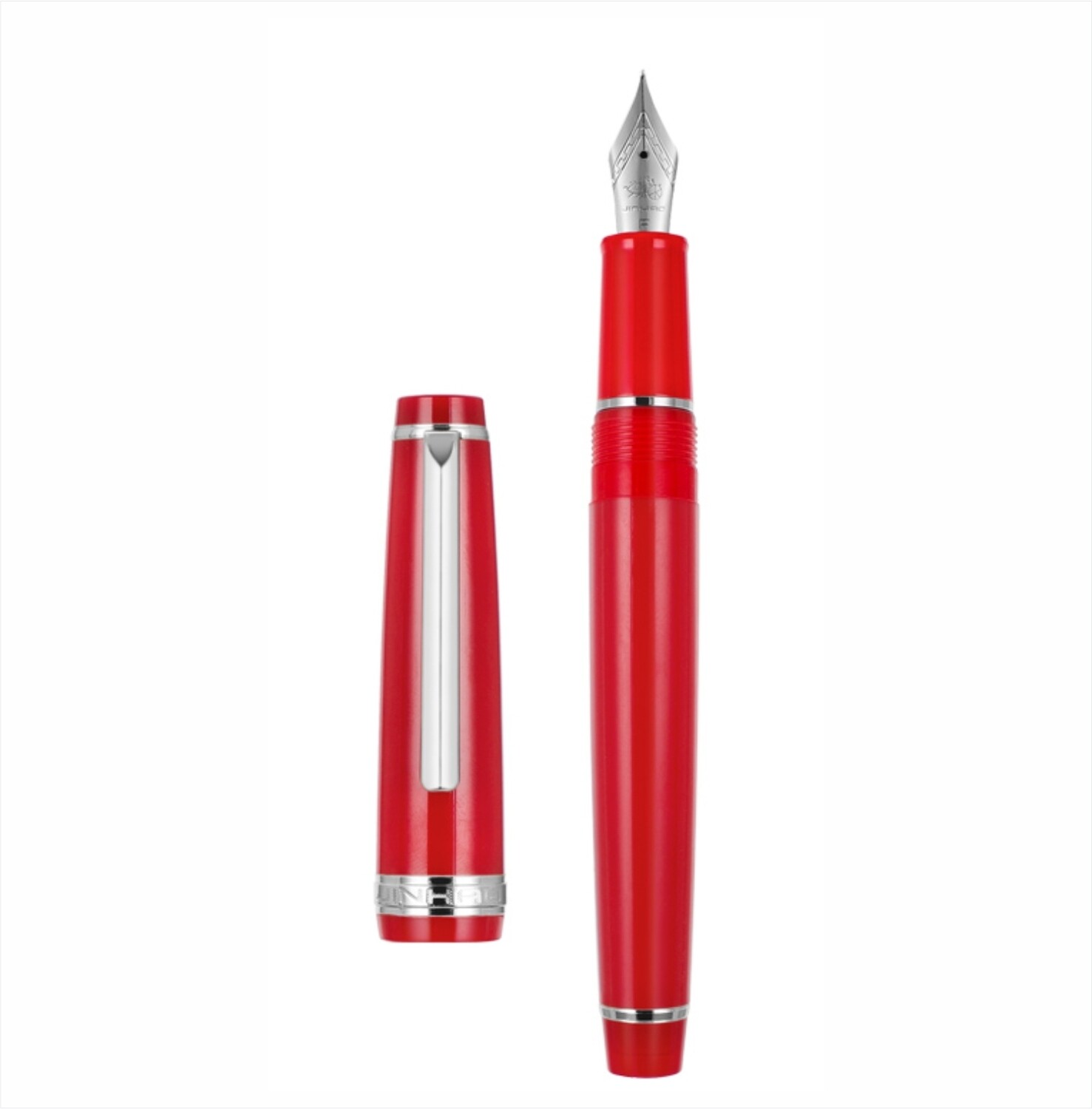 JINHAO 82 Resin Fountain Pen Silver Clip and Trims, Silver #5 Iridium nib in option of EF, F, M, Fude with Converter. 
Round Plastic Screw Type Box., Colour: Red, Nib Size: Extra Fine