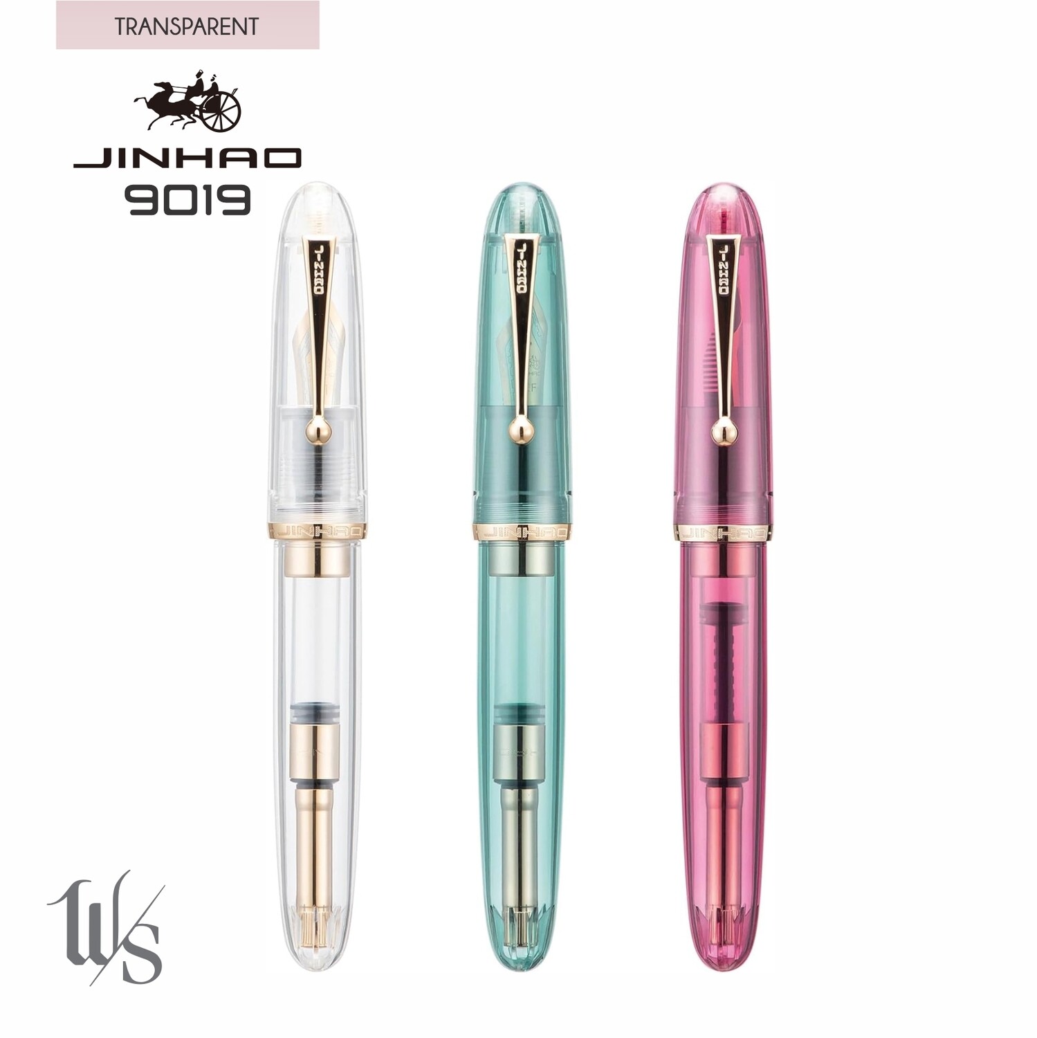BUY THREE AND SAVE
Jinhao 9019  Dadao Series - Transparent Acrylic Fountain Pen, Gold Trim, Stainless Steel # 8 Jinhao Nib - Set of three pens, one of each transparent colour