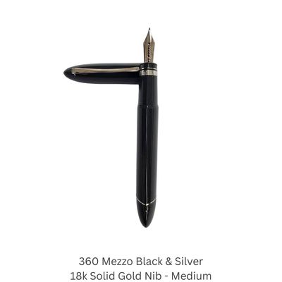 Omas Fountain Pen 360 Mezzo Black and Silver Fountain Pen 18Kt Gold Medium Point nib