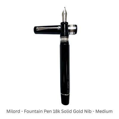 Omas Fountain Pen Milord Black &amp; Silver Fountain Pen 18Kt Gold Medium Point nib