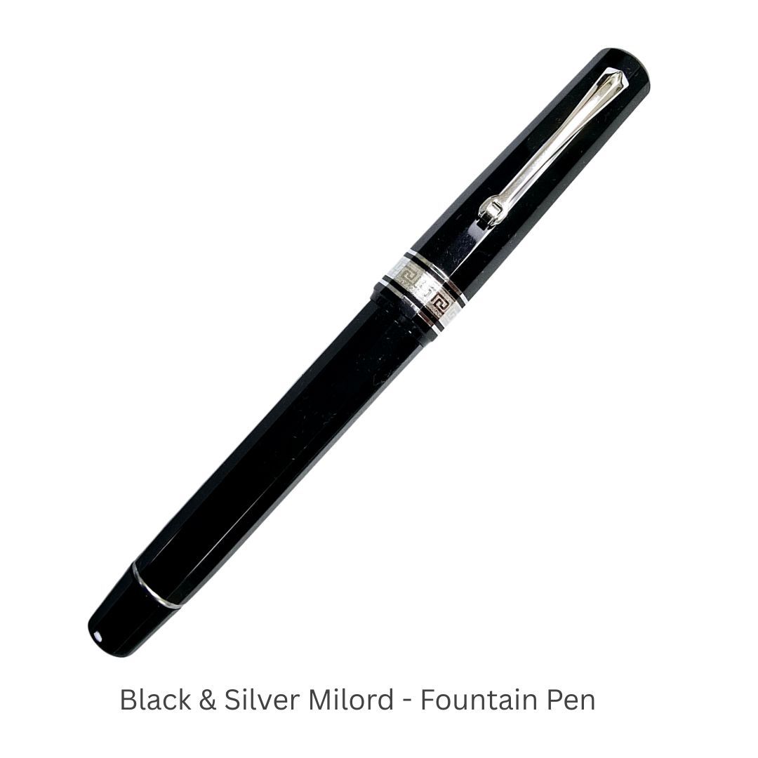 Omas Fountain Pen Milord Black &amp; Silver Fountain Pen 18Kt Gold Medium Point nib