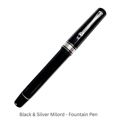 Omas Fountain Pen Milord Black &amp; Silver Fountain Pen 18Kt Gold Medium Point nib