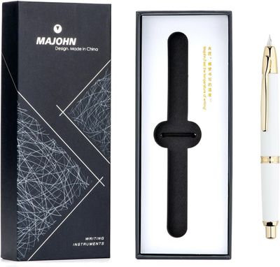 Moonman  A1 Press Fountain Pen with Box, Retractable Fine Nib Metal White / Gold  Ink Pen with Converter for Writing (With Clip Version)