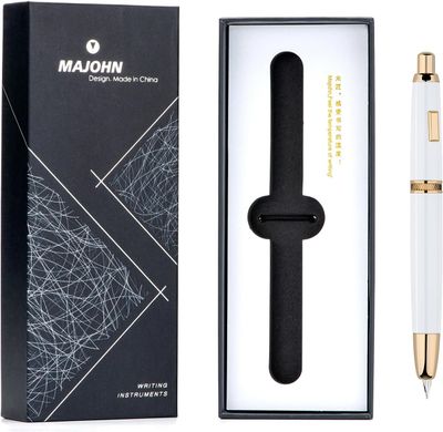 Moonman  A1 Press Fountain Pen with Box, Retractable Fine Nib Metal White / Gold  Ink Pen with Converter for Writing (No Clip Version)