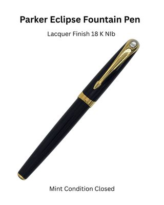 Parker Eclipse Black Laquer Gold Trim Fountain Pen 18 K Two Tone Gold Medium Nib- Very rare - produced for two years only -