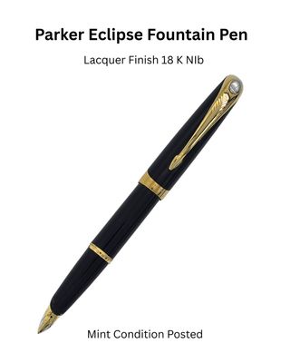 Parker Eclipse Black Laquer Gold Trim Fountain Pen 18 K Two Tone Gold Medium Nib- Very rare - produced for two years only -