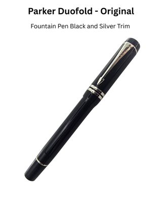 Parker Duofold Fountain Pen - Black Platinum Trim - 18k Solid Gold Two Tone Medium Nib - New
