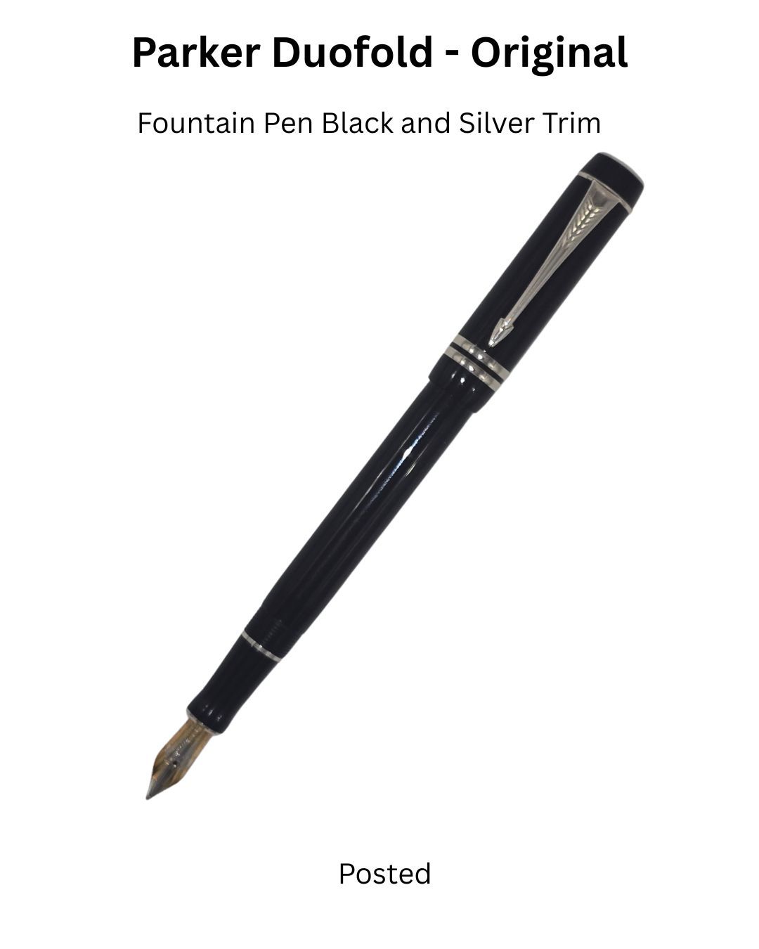 Parker Duofold Fountain Pen - Black Platinum Trim - 18k Solid Gold Two Tone Medium Nib - New