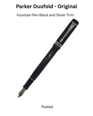Parker Duofold Fountain Pen - Black Platinum Trim - 18k Solid Gold Two Tone Medium Nib - New