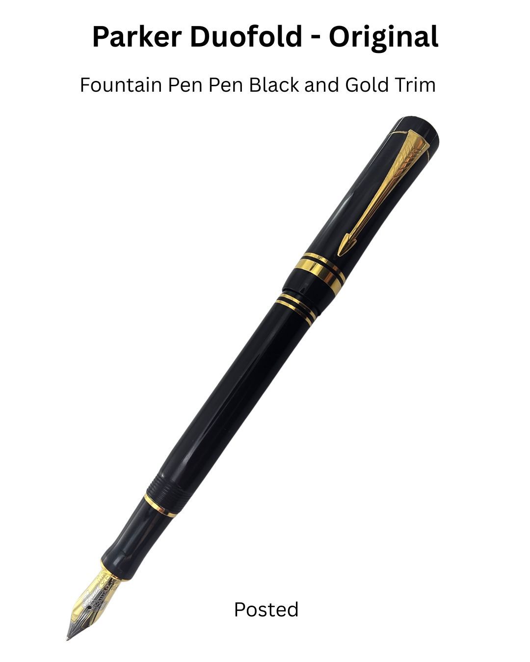 Parker Duofold Fountain Pen - Black Gold Trim - 18k Solid Gold Two Tone Medium Nib - New