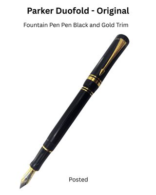 Parker Duofold Fountain Pen - Black Gold Trim - 18k Solid Gold Two Tone Medium Nib - New