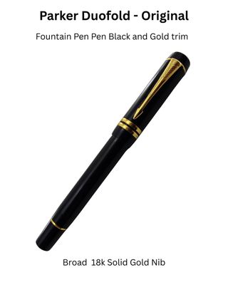 Parker Duofold Fountain Pen - Black Gold Trim - 18k Solid Gold Two Tone Broad Nib - New