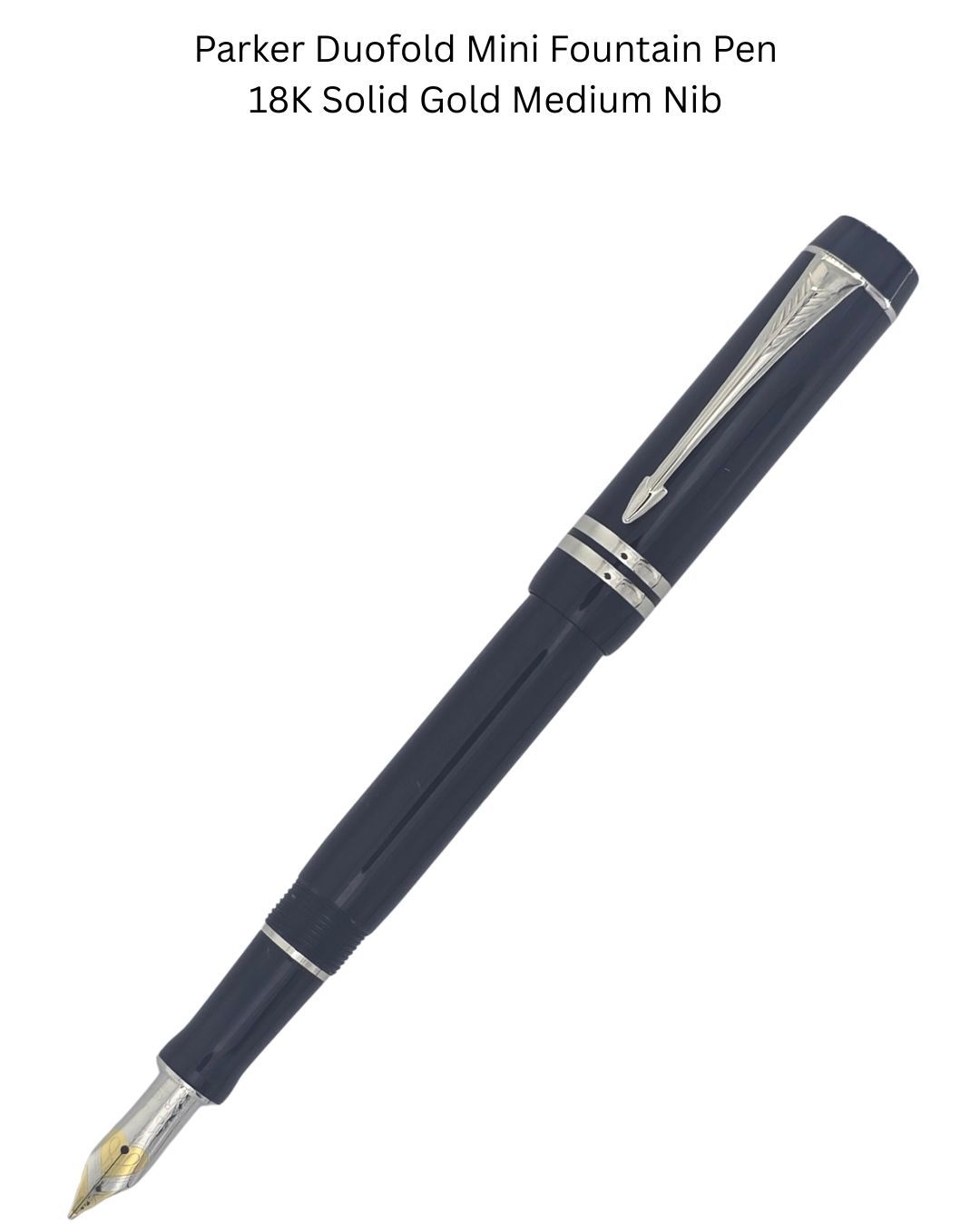 Parker Duofold MINI Fountain Pen - Black Platinum Trim - 18k Solid Gold Two Tone Nib Medium