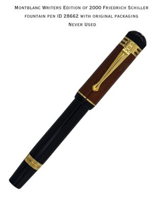 Montblanc Writers Edition of 2000 Friedrich Schiller fountain pen - 18K Solid Gold Nib in Medium ID 7793/18000 with original packaging - Never Used Montblanc Writers Edition of 2000 Friedrich Schiller fountain pen - 18K Solid Gold Nib in Medium ID 7793/18000 with original packaging - Never Used