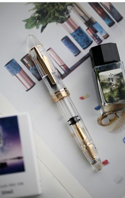 Moonman P140 Transparent Demonstrator Fountain Pen # 8 Stainless Steel Gold Plated Nib
