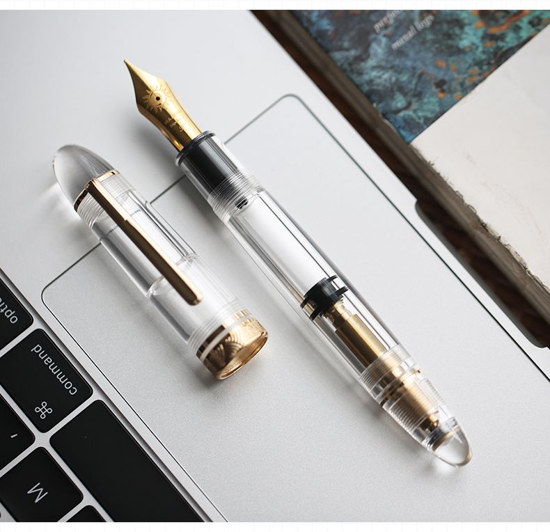 Moonman P140 Transparent Demonstrator Fountain Pen # 8 Stainless Steel Gold Plated Nib