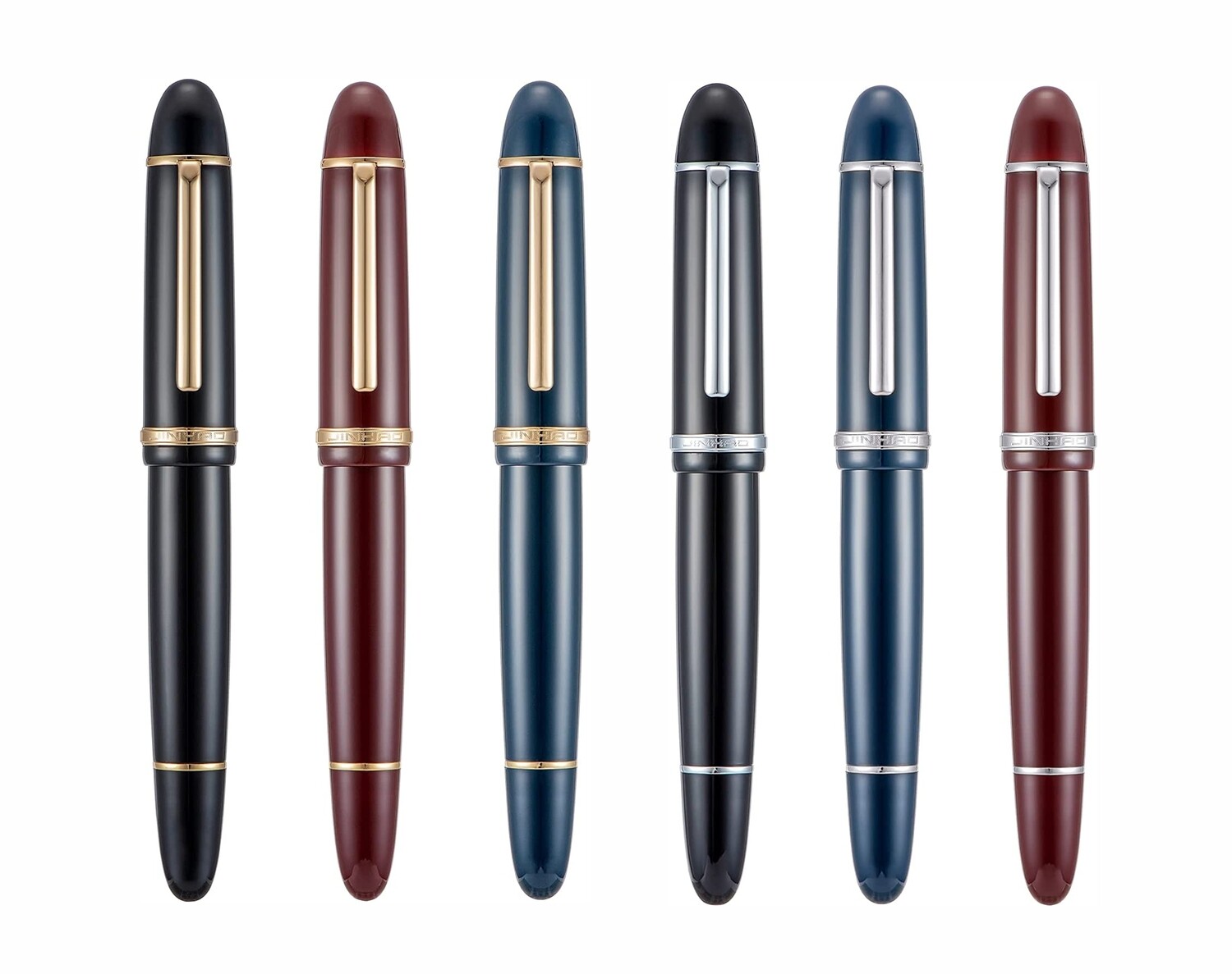 Jinhao X159 - Set of Six -  1 x Burgundy,  1 x Black, 1 x Coffee Brown (Silver Trim) 1 x Burgundy,  1 x Black,  1 x Navy Blue (Gold Trim)  Fountain Pen, Nib Size # V8 Fine Nib with Converter