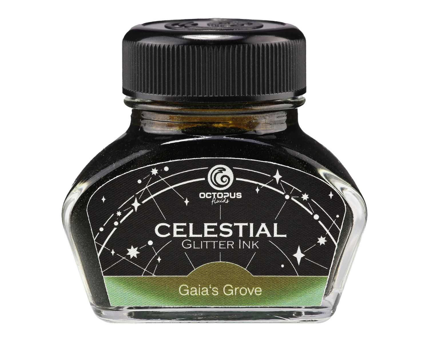 Octopus Celestial Glitter, Gaia’s Grove, Shimmer Fountain Pen Ink, Green with green shimmer, 30 ml
