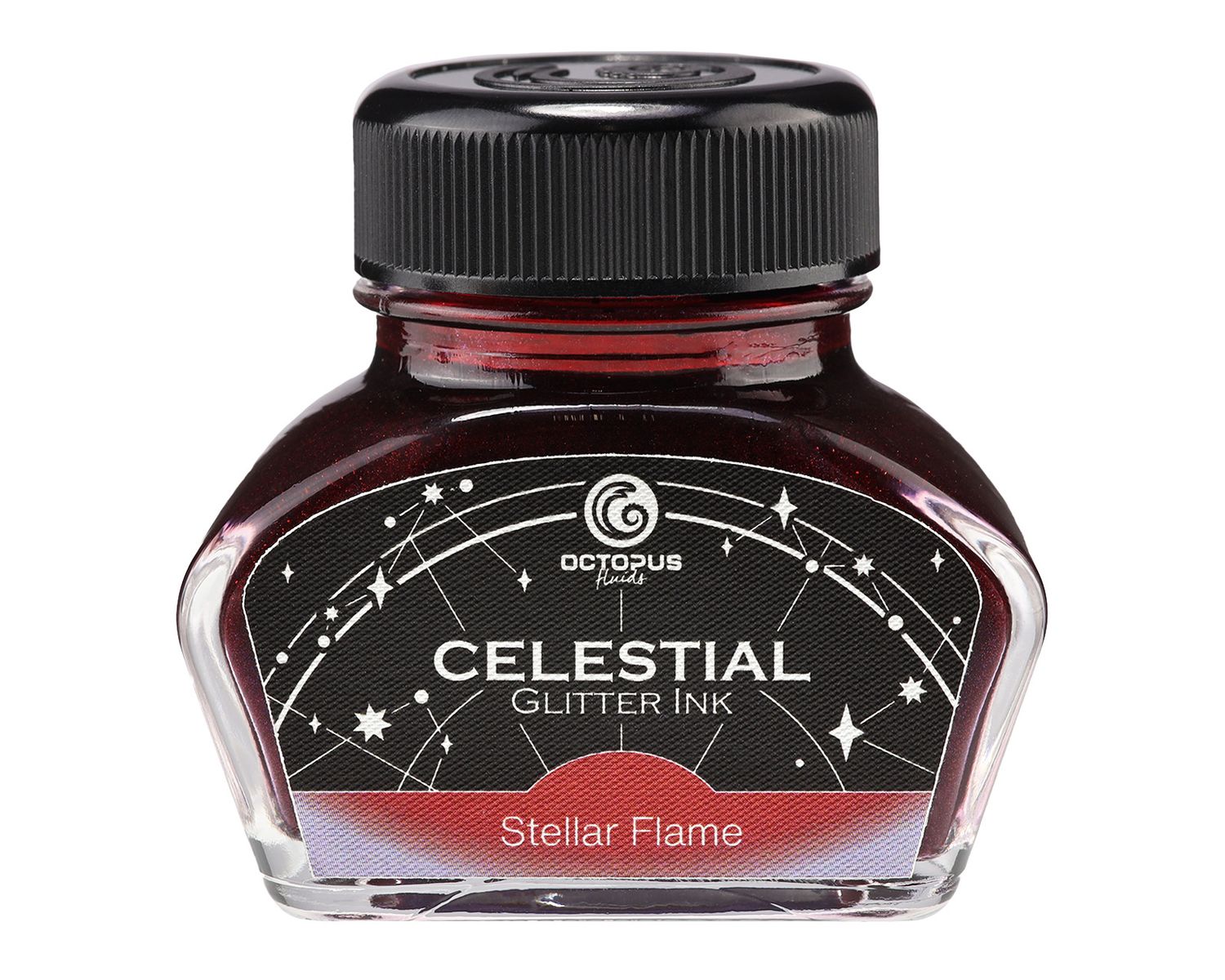Octopus Celestial Glitter, Stellar Flame, Shimmer Fountain Pen Ink, Red with violet shimmer, 30 ml