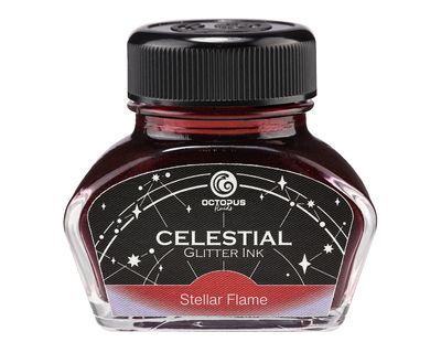 Octopus Celestial Glitter, Stellar Flame, Shimmer Fountain Pen Ink, Red with violet shimmer, 30 ml