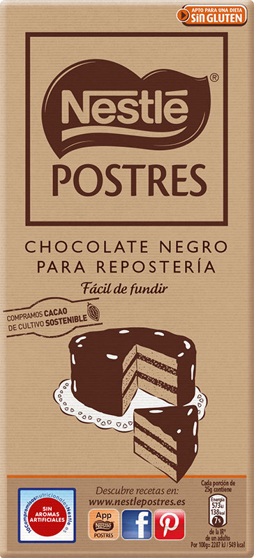 NESTLE POSTRES chocolate negro para repostería fácil de fundir sin gluten tablet
