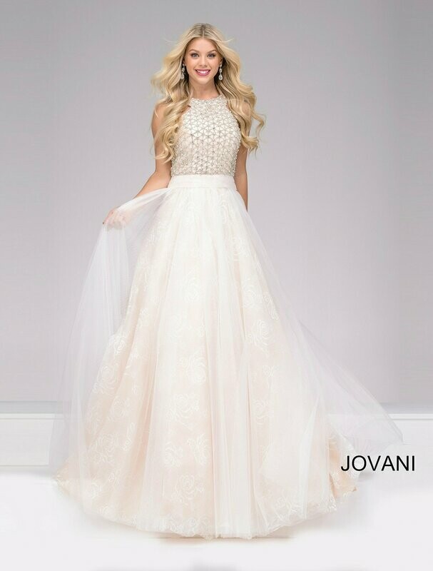 Jovani Sweet Jeweled Halter Gown - SZ 10 in White/Nude