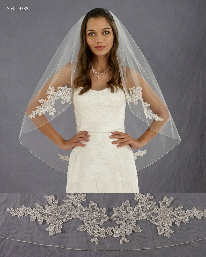 MARIONAT 36" Lace appliques with rhinestones and a silver rolled edge VEIL 3585