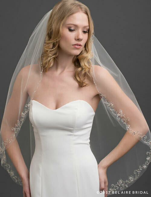 BEL AIRE 1-tier fingertip veil with embroidered flowers/scrolls accented with champagne beads. Ivory V7421