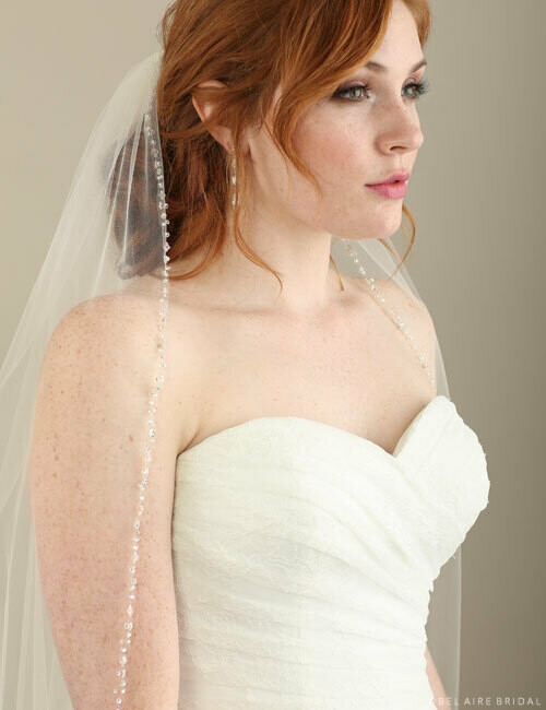 BEL AIRE 1-tier fingertip veil with beads, rhinestones, and crystals - Champagne V7301