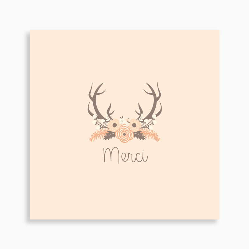 Carte de remerciement naissance bois de cerf et couronne de fleurs