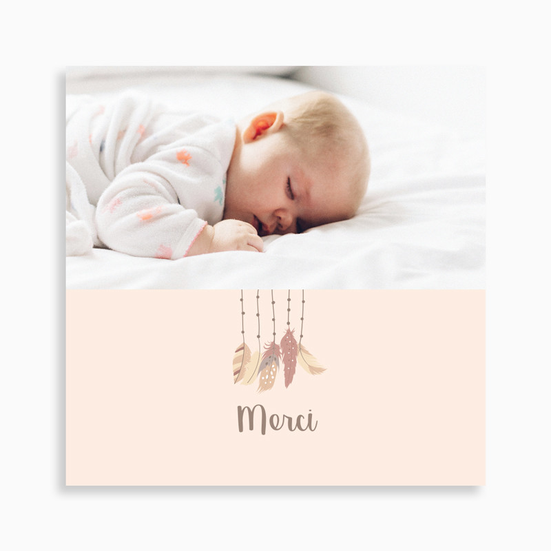 Carte de remerciement naissance attrape rêve bohème et plumes