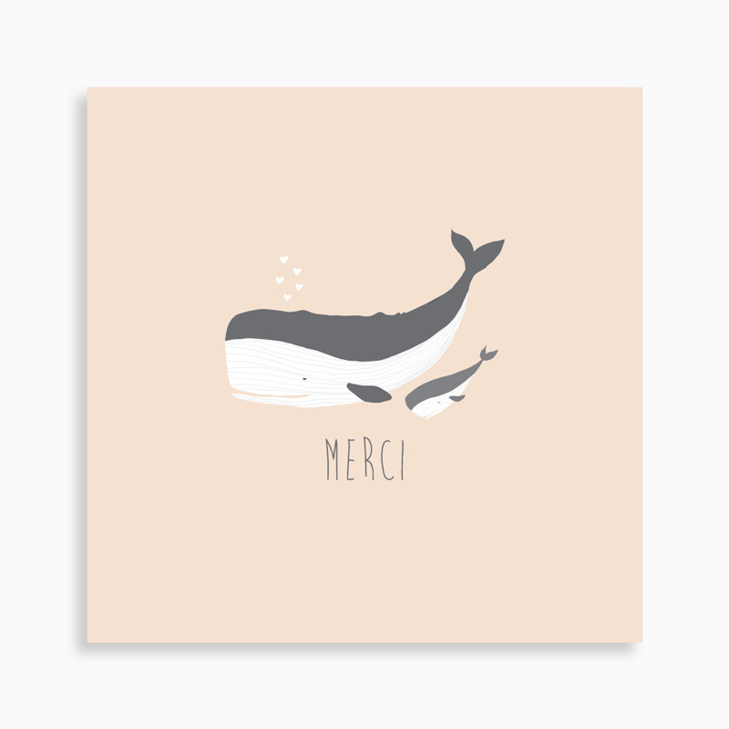 carte de remerciement naissance baleine et baleineau pour fille de couleur rose recto