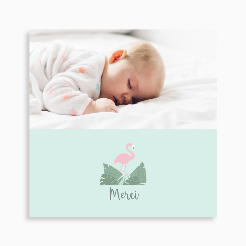 carte de remerciement naissance flamant rose pour fille avec une photo sur le recto