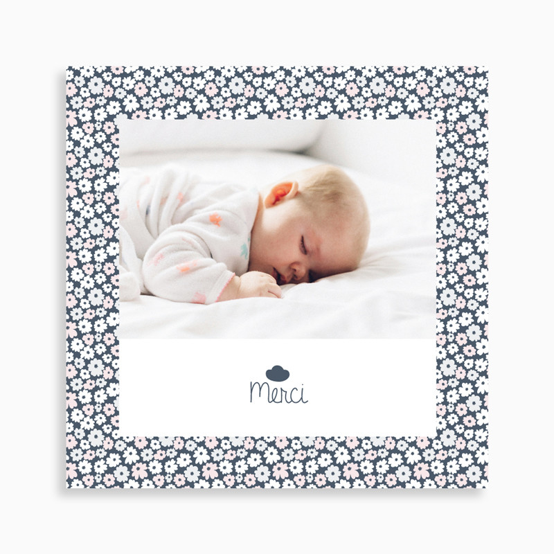carte de remerciement naissance motif liberty nuage original pour fille avec une photo sur le recto