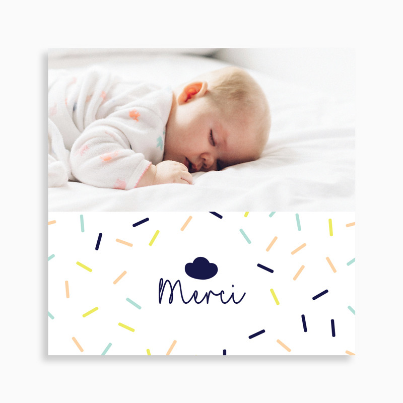 carte de remerciement naissance nuage et confettis pour fille avec une photo sur le recto