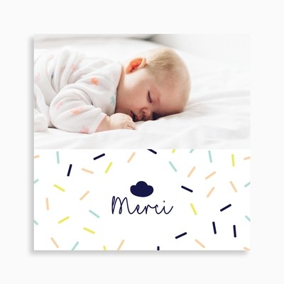 Carte de remerciement naissance nuage et confettis