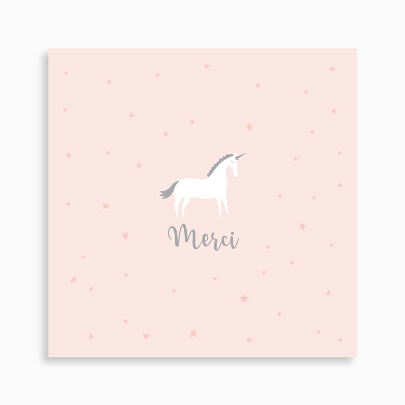 carte de remerciement naissance licorne sur fond étoilé pour fille de couleur rose recto