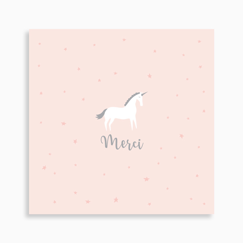 Carte de remerciement naissance licorne sur fond étoilé