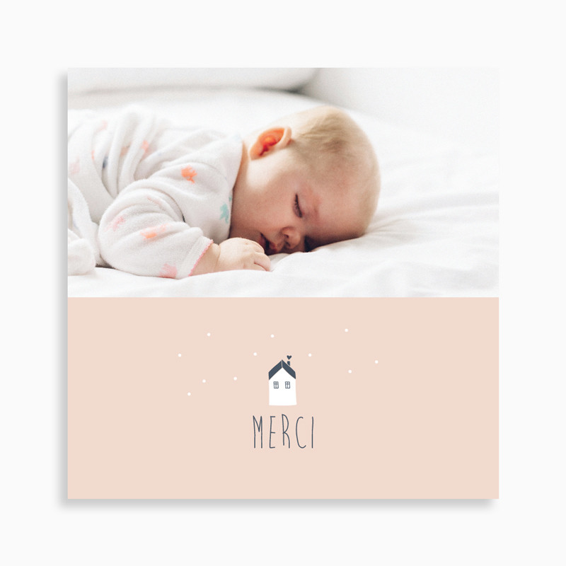 Carte de remerciement naissance maison scandinave sous la neige